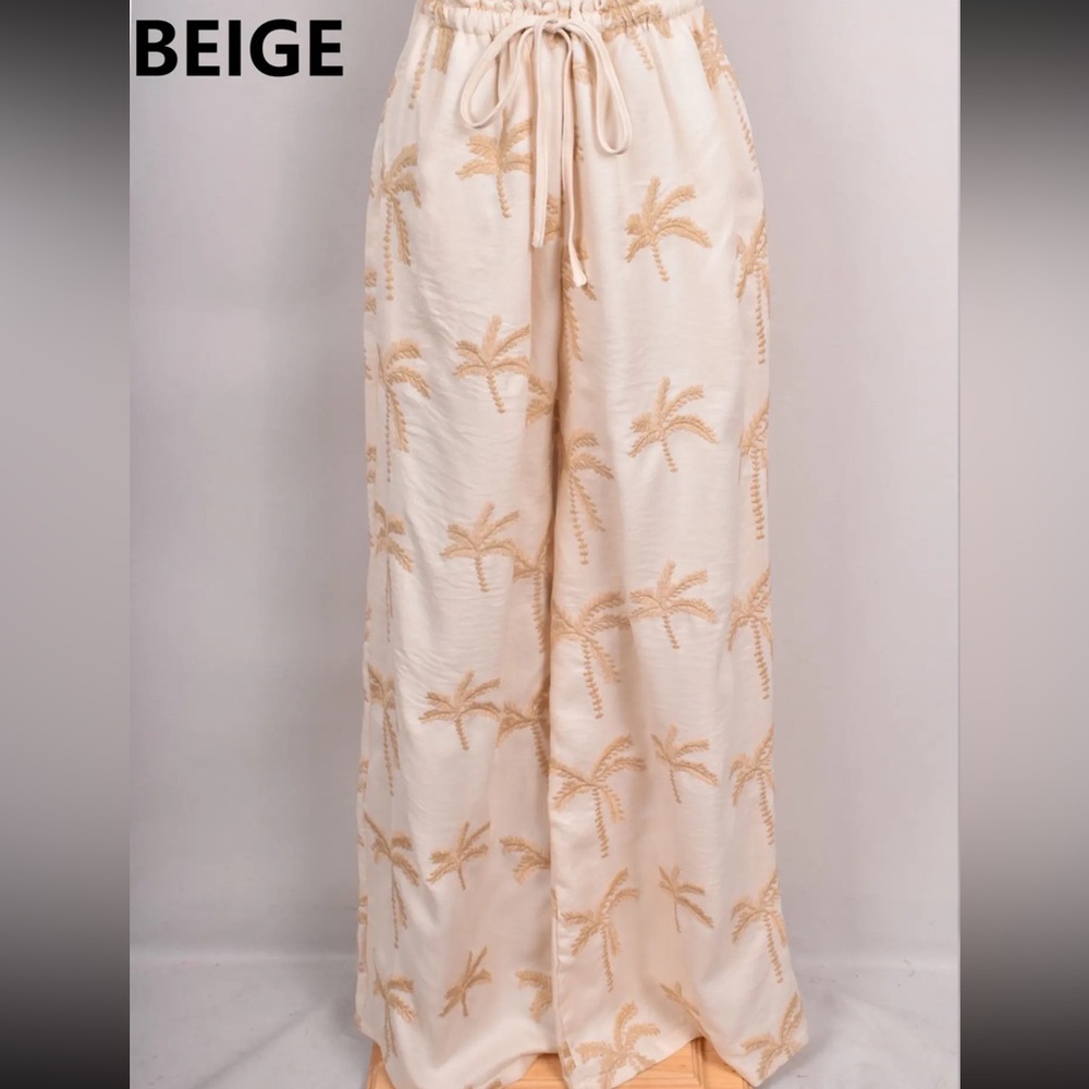 FROM PARIS FRANCE Beige Palm Print Wide Leg  Pants